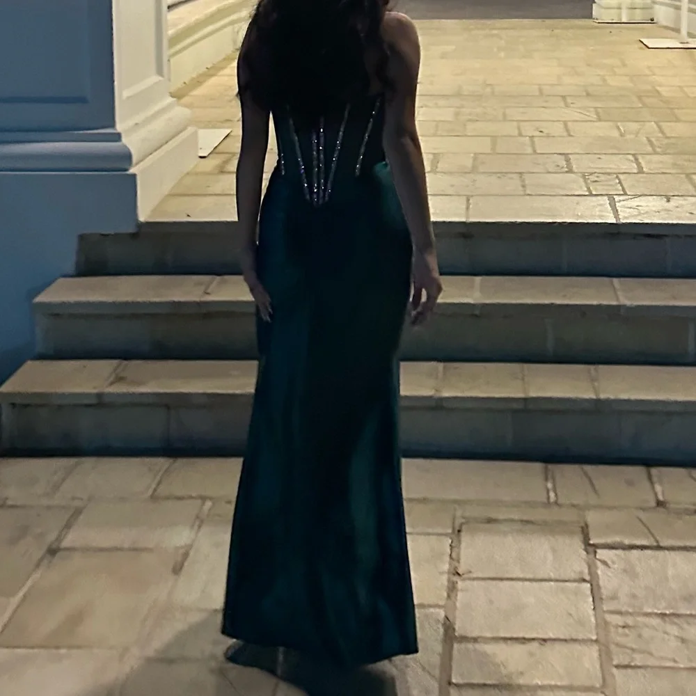 Emerald Green Satin Embellished Corset Evening Dress - Picture 4 of 7